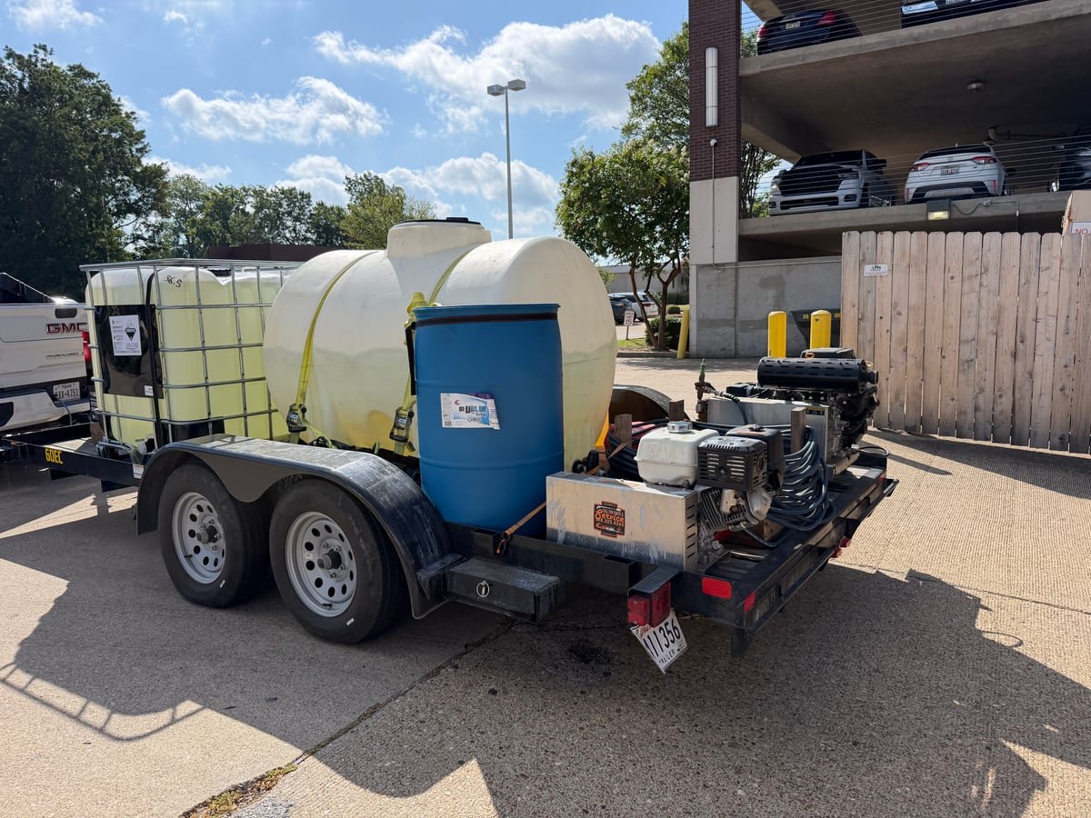 Ground support equipment prepared for a commercial drone-cleaning operation.